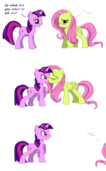 Size: 1024x1638 | Tagged: safe, artist:braeburnlove, derpibooru import, fluttershy, twilight sparkle, unicorn twilight, pegasus, pony, unicorn, blushing, comic, cute, dialogue, eyes closed, female, frown, kissing, lesbian, lidded eyes, looking away, looking down, mare, raised hoof, shipping, shy, simple background, smiling, surprise kiss, surprised, text, transparent background, twishy, walking, wide eyes