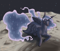 Size: 2600x2200 | Tagged: safe, artist:ell-bro, princess luna, alicorn, pony, high res, moon, prone, realistic, solo