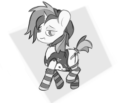 Size: 1800x1500 | Tagged: safe, artist:grim ponka, derpibooru import, trixie, unicorn, alternate hairstyle, beanie, clothes, female, hat, mare, monochrome, punk, simple background, sketch, socks, striped socks