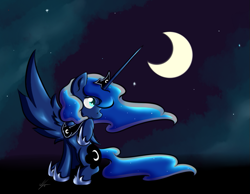 Size: 789x613 | Tagged: safe, artist:alazak, princess luna, alicorn, pony, dark, looking over shoulder, moon, moonlight, sitting, solo