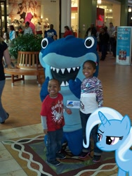 Size: 800x1066 | Tagged: safe, derpibooru import, trixie, human, shark, child, clothes, costume, irl, irl human, kids, mall of america, mascot, photo, ponies in real life, unamused