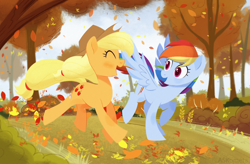 Size: 2600x1709 | Tagged: safe, artist:askometa, applejack, rainbow dash, earth pony, pegasus, pony, fall weather friends, autumn, blushing, commission, cowboy hat, cute, duo, eyes closed, female, hat, jackabetes, leaves, mare, running, running of the leaves, scene interpretation, smiling, tree