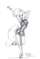 Size: 1000x1441 | Tagged: safe, artist:baron engel, mayor mare, anthro, unguligrade anthro, arm behind head, armpits, breasts, busty mayor mare, clothes, dancing, dress, eyes closed, female, glasses, grayscale, little black dress, monochrome, pencil drawing, simple background, smiling, solo, stupid sexy mayor mare, traditional art, unshorn fetlocks, white background