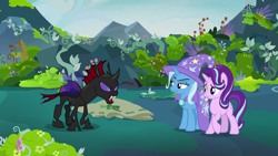 Size: 1280x720 | Tagged: safe, derpibooru import, screencap, pharynx, starlight glimmer, trixie, changeling, pony, to change a changeling