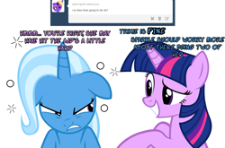 Size: 1048x692 | Tagged: safe, artist:navitaserussirus, derpibooru import, trixie, twilight sparkle, pony, unicorn, asktwixiegenies, body swap, cropped, female, genie, lesbian, mare, shipping, simple background, species swap, twixie, white background