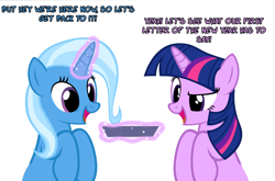 Size: 1048x691 | Tagged: safe, artist:navitaserussirus, derpibooru import, trixie, twilight sparkle, pony, unicorn, asktwixiegenies, cropped, female, genie, lesbian, mare, shipping, simple background, species swap, twixie, white background