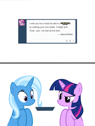 Size: 1048x1391 | Tagged: safe, artist:navitaserussirus, derpibooru import, trixie, twilight sparkle, pony, unicorn, asktwixiegenies, cropped, female, genie, lesbian, mare, shipping, simple background, species swap, twixie, white background