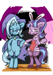 Size: 600x850 | Tagged: safe, artist:28人目, derpibooru import, starlight glimmer, trixie, pony, unicorn, bipedal, bunny suit, cape, clothes, cuffs (clothes), duo, fishnet stockings, hat, leotard, standing, trixie's cape, trixie's hat