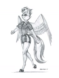 Size: 1100x1446 | Tagged: safe, artist:baron engel, spitfire, anthro, pegasus, unguligrade anthro, clothes, female, glasses, grayscale, legs, mare, miniskirt, monochrome, pencil drawing, sexy, side slit, simple background, sketch, skirt, solo, stupid sexy spitfire, sunglasses, traditional art, uniform, white background