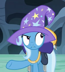 Size: 563x621 | Tagged: safe, derpibooru import, screencap, trixie, pony, to where and back again, cropped, eyeroll, female, hat, mare, raised hoof, skeptical, solo, wizard hat