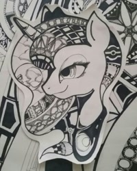 Size: 550x689 | Tagged: safe, artist:patterndream, princess luna, alicorn, pony, dream, head, monochrome, moon, pattern, solo, zentangle