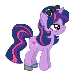 Size: 1200x1151 | Tagged: safe, artist:schnuffitrunks, derpibooru import, twilight sparkle, unicorn twilight, pony, unicorn, alternate hairstyle, bow, ear piercing, earring, female, grin, hoof shoes, jewelry, makeover, mare, piercing, smiling, solo