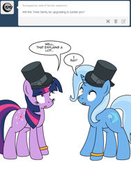 Size: 600x799 | Tagged: safe, artist:dekomaru, derpibooru import, trixie, twilight sparkle, pony, unicorn, ask, female, hat, lesbian, shipping, top hat, tumblr, tumblr:ask twixie, twixie