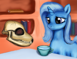 Size: 589x453 | Tagged: safe, artist:mindlesshead, derpibooru import, trixie, pony, unicorn, blue coat, female, horn, mare, skull, solo, two toned mane