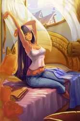 Size: 799x1200 | Tagged: safe, artist:quizzicalkisses, derpibooru import, twilight sparkle, human, armpits, bed, bedroom, book, clothes, curvy, cute, eyes closed, female, humanized, midriff, morning ponies, sitting, smiling, solo, stretching, twiabetes, wide hips, window