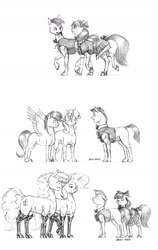 Size: 1000x1585 | Tagged: safe, artist:baron engel, apple bloom, scootaloo, sweetie belle, oc, oc:carousel, oc:petina, oc:stone mane, earth pony, pony, unicorn, clothes, cutie mark crusaders, dress, female, filly, grayscale, monochrome, pencil drawing, simple background, sketch, smiling, stockings, thigh highs, traditional art, white background