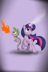 Size: 900x1354 | Tagged: safe, artist:fuunsaik1, derpibooru import, spike, twilight sparkle, dragon, duo, fire, magic