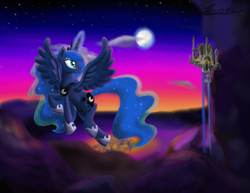 Size: 1389x1075 | Tagged: safe, artist:marcylin1023, princess luna, alicorn, pony, canterlot, flying, magic, moon, moonrise, ponyville, solo