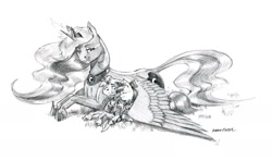 Size: 1600x946 | Tagged: safe, artist:baron engel, apple bloom, princess luna, oc, oc:stone mane, alicorn, earth pony, pony, colt, female, filly, grayscale, male, mare, monochrome, pencil drawing, prone, simple background, sketch, smiling, story in the source, traditional art, white background, wing blanket, wings