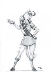 Size: 1000x1411 | Tagged: safe, artist:baron engel, cheerilee, anthro, earth pony, unguligrade anthro, clothes, cookie, female, food, girl scout, grayscale, hand on hip, mare, monochrome, pencil drawing, scout uniform, simple background, sketch, solo, traditional art, white background