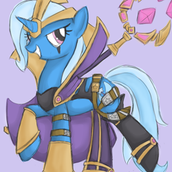 Size: 700x700 | Tagged: safe, artist:kittynumber7, derpibooru import, trixie, pony, unicorn, clothes, costume, female, grin, league of legends, leblanc, mare, parody, solo, staff
