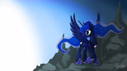 Size: 2560x1440 | Tagged: safe, artist:mysticalpha, princess luna, alicorn, pony, raised hoof, solo, spread wings, wallpaper