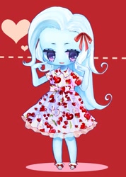 Size: 852x1200 | Tagged: safe, artist:weiliy, derpibooru import, trixie, equestria girls, bow, chibi, clothes, colored pupils, cute, diatrixes, dress, hair bow, heart, red background, simple background, solo