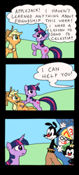 Size: 400x887 | Tagged: safe, artist:tifu, derpibooru import, applejack, twilight sparkle, earth pony, pony, animaniacs, comic, crossover, dot warner, wheel of morality, yakko warner