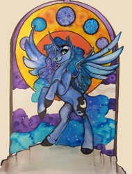 Size: 2000x2633 | Tagged: safe, artist:casynuf, princess luna, alicorn, pony, bedroom eyes, cloven hooves, modern art, nouveau, rearing, smiling, solo, spread wings, traditional art