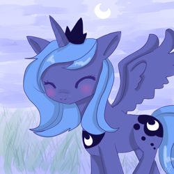 Size: 2000x2000 | Tagged: safe, artist:mayasato, princess luna, alicorn, pony, cute, eyes closed, filly, lunabetes, moon, solo, woona