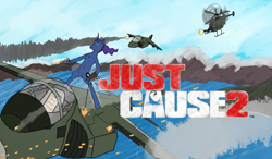 Size: 1463x853 | Tagged: safe, princess luna, alicorn, pony, action pose, box art, grappling hook, gun, helicopter, jet, just cause, just cause 2, just cause 3