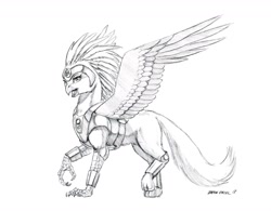 Size: 1400x1094 | Tagged: safe, artist:baron engel, griffon, armor, bucky o'hare, female, grayscale, griffonized, jenny, monochrome, open mouth, pencil drawing, raised leg, signature, simple background, solo, species swap, spread wings, traditional art, white background, wings