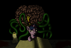 Size: 990x664 | Tagged: safe, artist:ragingsemi, derpibooru import, twilight sparkle, book, candle, female, monster, pentagram, tentacles