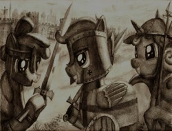 Size: 2241x1699 | Tagged: safe, artist:lordgood, apple bloom, scootaloo, sweetie belle, armor, crusader, cutie mark crusaders, fantasy class, knight, literal, paladin, spear, sword, warrior, weapon