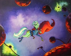 Size: 1500x1180 | Tagged: safe, artist:baron engel, lyra heartstrings, pony, unicorn, cape, clothes, colored pencil drawing, crossover, doctor strange, dormmamu, eye of agamotto, female, flying, looking back, mare, marker drawing, marvel, solo, space, traditional art
