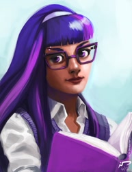 Size: 638x825 | Tagged: safe, artist:majoh, derpibooru import, twilight sparkle, book, glasses, humanized