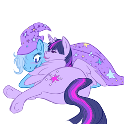 Size: 1000x1000 | Tagged: safe, artist:yurihooves, derpibooru import, trixie, twilight sparkle, twilight sparkle (alicorn), alicorn, pony, blushing, female, lesbian, licking, mare, on side, shipping, twixie, wing bite