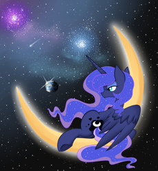 Size: 2300x2500 | Tagged: dead source, safe, artist:rainbowscreen, princess luna, alicorn, pony, crescent moon, moon, planet, pony bigger than a planet, solo, space, stars, tangible heavenly object, transparent moon, underhoof