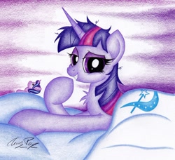 Size: 1024x935 | Tagged: safe, artist:thechrispony, derpibooru import, starlight glimmer, trixie, twilight sparkle, pony, unicorn, bed, bedroom eyes, bedsheets, chest fluff, looking at you, messy mane, morning ponies, plushie, smiling, traditional art