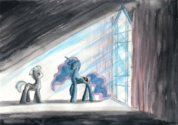 Size: 2313x1632 | Tagged: safe, artist:souleatersaku90, princess luna, thunderlane, alicorn, pegasus, pony, commission, duo, fanfic, fanfic art, female, male, mare, stallion, the simple life, traditional art, watercolor painting