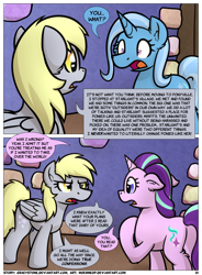 Size: 1400x1900 | Tagged: safe, artist:moemneop, derpibooru import, derpy hooves, starlight glimmer, trixie, pony, comic:shifting changelings lies and truths, comic