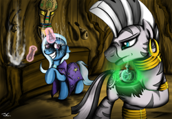 Size: 1250x866 | Tagged: safe, artist:jamescorck, derpibooru import, trixie, zecora, zebra, explosion, potion, smoke