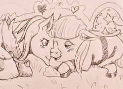 Size: 1280x927 | Tagged: safe, artist:ponysource, derpibooru import, maud pie, trixie, earth pony, pony, unicorn, female, lesbian, mare, mauxie, open mouth, shipping, traditional art