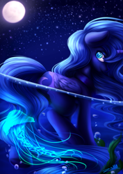 Size: 3507x4962 | Tagged: dead source, safe, artist:zodiacnicola, princess luna, alicorn, jellyfish, pony, bubble, female, folded wings, horn, looking back, moon, night sky, ocean, signature, smiling, solo, stars, underwater, water, wings