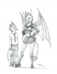 Size: 1000x1309 | Tagged: safe, artist:baron engel, smolder, spike, anthro, dragon, plantigrade anthro, season 8, book, clothes, cute, dragoness, female, grayscale, legs, male, midriff, miniskirt, monochrome, open mouth, pants, pencil drawing, school uniform, shoes, simple background, skirt, socks, story included, traditional art, white background