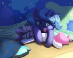 Size: 2500x2000 | Tagged: safe, artist:verrmont, princess luna, alicorn, pony, blanket, filly, morning ponies, plushie, prone, solo, tongue out, woona