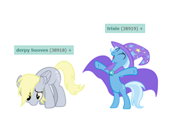 Size: 580x396 | Tagged: safe, derpibooru import, edit, derpy hooves, trixie, pegasus, pony, unicorn, bipedal, derpibooru, female, mare, meta, pure unfiltered evil, sad, simple background, tags, white background