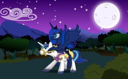 Size: 1920x1200 | Tagged: safe, artist:mattbas, princess luna, shining armor, alicorn, pony, unicorn, .svg available, forest, moon, night, ponies riding ponies, pun, reins, spread wings, vector