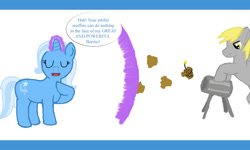 Size: 1000x600 | Tagged: safe, derpibooru import, derpy hooves, trixie, food, muffin