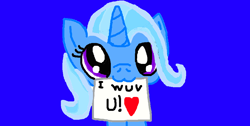 Size: 1006x507 | Tagged: safe, artist:1132002gaby, derpibooru import, trixie, pony, unicorn, :3, female, heart, mare, mouth hold, solo